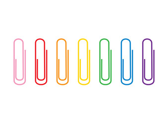 Seven paper clips of rainbow colors