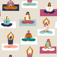 Yoga class with people meditating and doing breathing exercise seamless pattern in vector