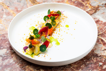 Fine dining, Elegant fish tartare with asparagus and spices