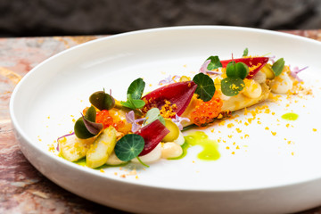 Fine dining, Elegant fish tartare with asparagus and spices