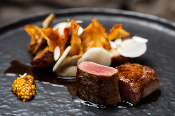 Fine dining Venison Steak with sweet potato and vegetables