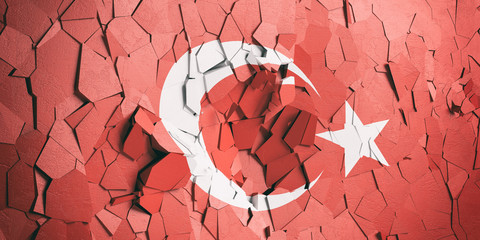 Turkey flag on cracked wall background. 3d illustration