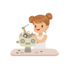 Lovely little gill creating smart robot, robotics and programming for kids, futuristic artificial intelligence vector Illustration on a white background