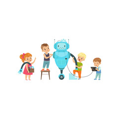 Naklejka premium Little kids programming and creating smart robot, educational project concept vector Illustration on a white background