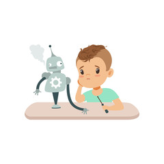 Little boy is upset by the failed experiment with the robot, kid programming and creating smart robot, educational project concept vector Illustratio
