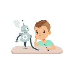 Little boy is upset by the failed experiment with the robot, kid programming and creating smart robot, educational project concept vector Illustratio