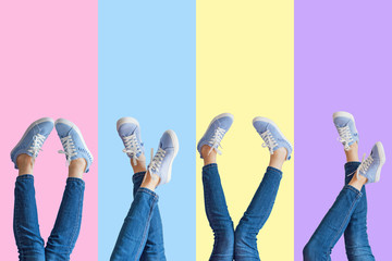 Collage of female legs in jeans and sneakers on colored background