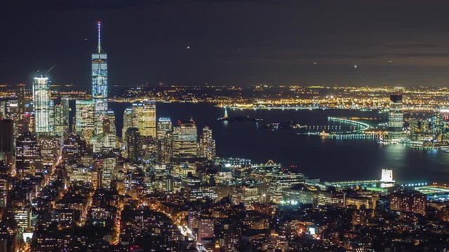 Manhattan aerial panorama cityscape skyline. Timelapse. Zoom out shot