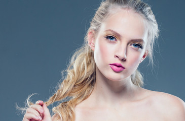 Beauty blonde hair woman pink lips blue eyes beautiful model