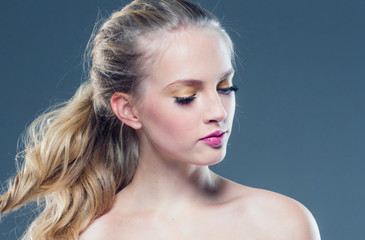Fototapeta premium Beauty blonde hair woman pink lips blue eyes beautiful model