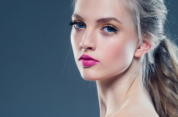Beauty blonde hair woman pink lips blue eyes beautiful model