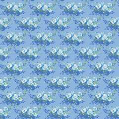 tender blue roses seamless pattern, bouquet of flowers on a blue background, watercolor illustration. Textile design for printing on fabric, wallpaper, wrapping paper.