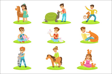 Children Petting The Small Animals In Petting Zoo Collection Of Cartoon Illustrations With Kids Having Fun