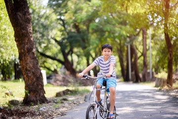 Asian boy ride bicycle in a park