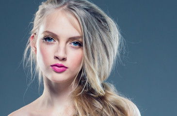 Beauty blonde hair woman pink lips blue eyes beautiful model