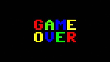 A simple plain Game Over screen, with carousel colors (red, green, blue, yellow). Small characters.

