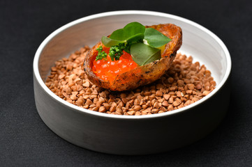 Fine dining, Elegant fish tartare with potato and caviar