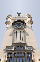 White castle fragment, secvence of a modern house office city building in european trendy architecture. Symmetrical figures and organised windows.Skyscraper in old style landmark made of stone.