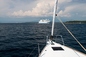 Naklejka na ściany i meble Luxury yacht at sea race. Sailing regatta. Cruise yachting