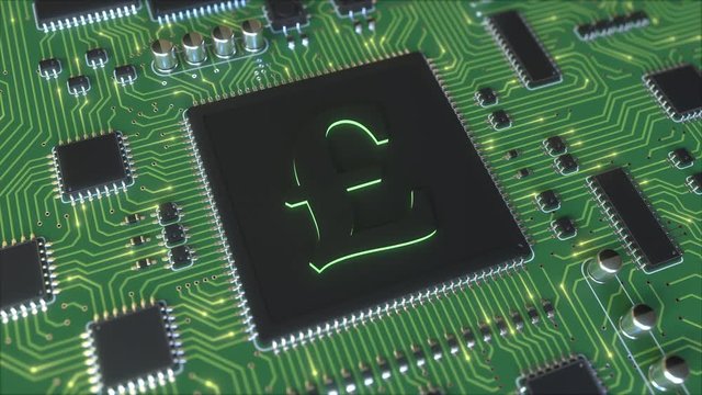 Pound sterling currency sign on a chipset. Conceptual 3D animation