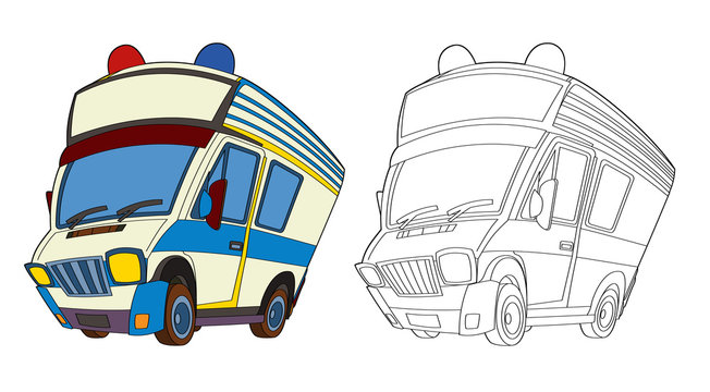cartoon scene with ambulance truck on white background - with coloring page - illustration for children