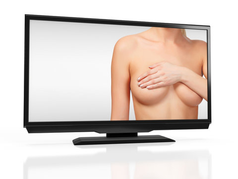Image of the woman controlling breast for cancer on the screen of modern LED tv. 3D rendering