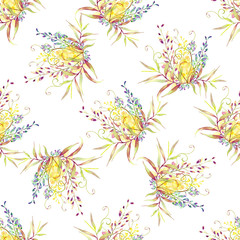 Fototapeta na wymiar Watercolor seamless pattern of summer flowers and leaves on a light background.
