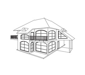 Sketch design of a modern private house with two floors, vector illustration on the white