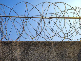 Barbed wire rings on a grey wall against a blue nebva. Rendering.