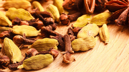 Spices cardamom anise stars and cloves