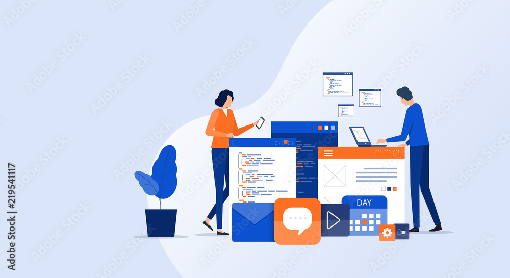 Poster programmer and design team  develop for mobile application  with business team working concept
