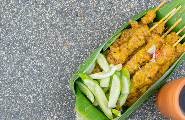 close up barbecue pork with cucumber