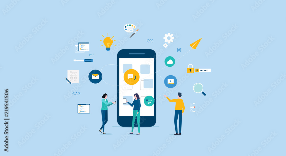 Aufkleber programmer and design team  develop for mobile application  with business team working concept