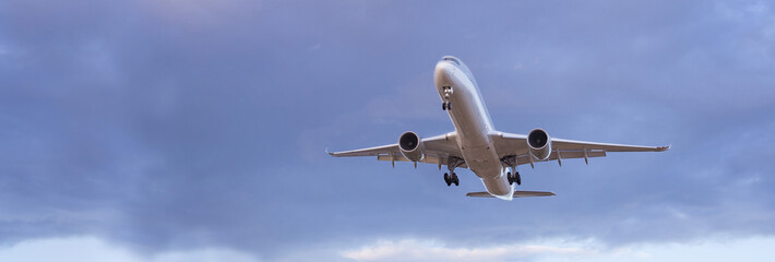 Commercial passenger jet aircraft landing at the airport. - obrazy, fototapety, plakaty