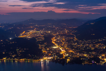 aerial view of como lake at sunset