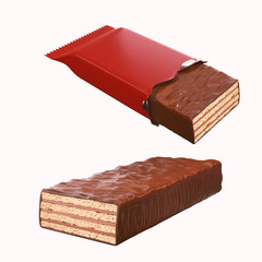 chocolate coated on Crispy wafer bar, Design for Packaging, with Clipping path 3d illustration.