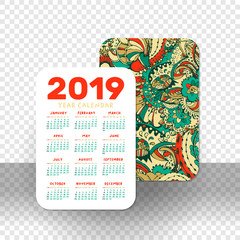 2019 Pocket Calendar Basic Grid. Vector Vertical Orientation. White Printable Template on Transparet Background. Doodles Numbers. Week starts on Sunday. Xmas or New Year Theme, Christmas Poster Design