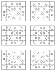 Illustration of six different white puzzles, separate pieces