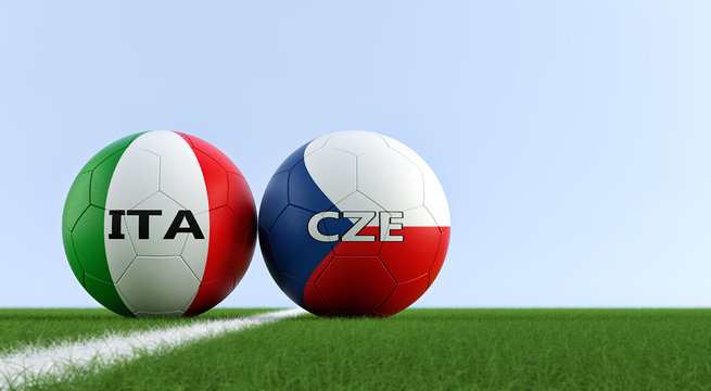 Czech Republic vs. Italy Soccer Match - Soccer balls in Czech Republic and Italy national colors on a soccer field. Copy space on the right side - 3D Rendering 
