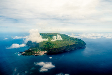 View to Corvo island in Azores from an airplane