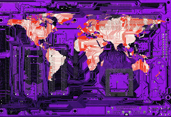 conceptual technology image of computer circuit board and world map manipulation