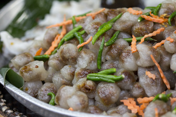 Closeup sweet tapioca pork dumpling balls or Sa-Ku Sai Muu is the popular Thai snack in Thailand.
