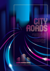 Traffic shiny trails of the night city road. Effect vector beautiful background. Blur colorful dark background with cityscape, buildings silhouettes skyline.