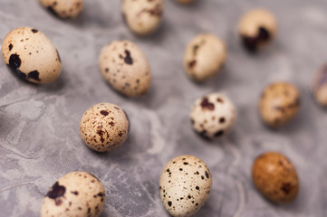 Scattered lot of spotted fresh quail eggs on old broken worn gray cement floor
