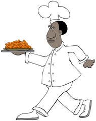 Illustration of a black male chef walking while carrying a plate heaped with baby carrots.