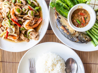 Set of Thaifood,Shrimp Paste Chilli Sauce and Stir-Fried Twisted Cluster Bean with Shrimps and pork /Bitter Bean.