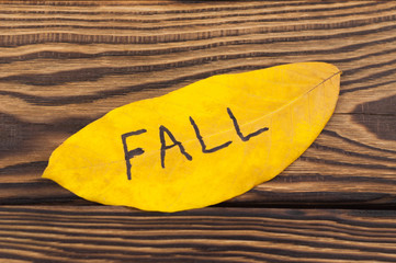 Handwritten inscription of black color FALL on yellow falling autumn leaf on old rustic brown board