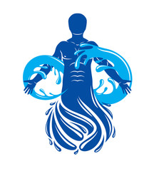 Vector graphic illustration of muscular human, mystic Poseidon composed with limitless symbol created from water wave. Continuous harmony of human and nature.