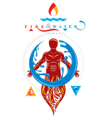 Vector illustration of human being standing, mythic ancient god. Prometheus surrounded by a water ball, water and fire diversity and harmony.