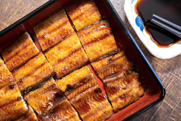 Rice topped with grilled roasted eel, Kabayaki.